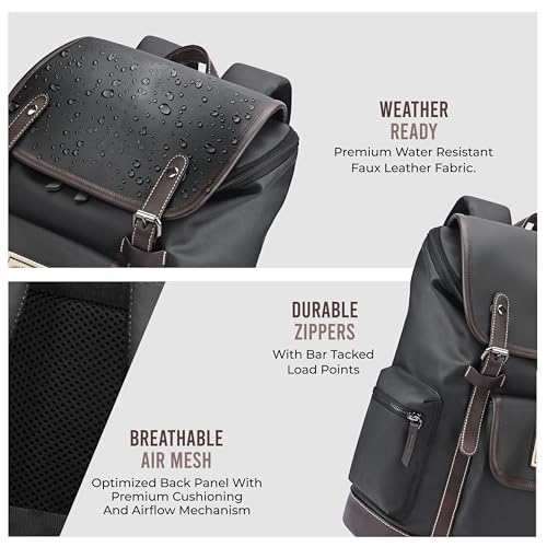 Image of Gear Classic 16.5 inch /21L Medium Water Resistant Faux Leather Anti Theft Knapsack | Laptop Bag | Casual Bag | Travel Bag for Men /Women (Black - Brown)