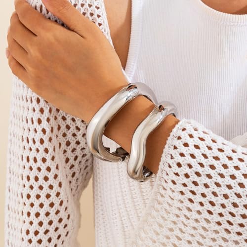 Image of Salircon Gold Bangle Bracelets for Women Gold Wide Chunky Bracelets Trendy Hinged Cuff Open Chunky Bracelet Irregular Jewelry