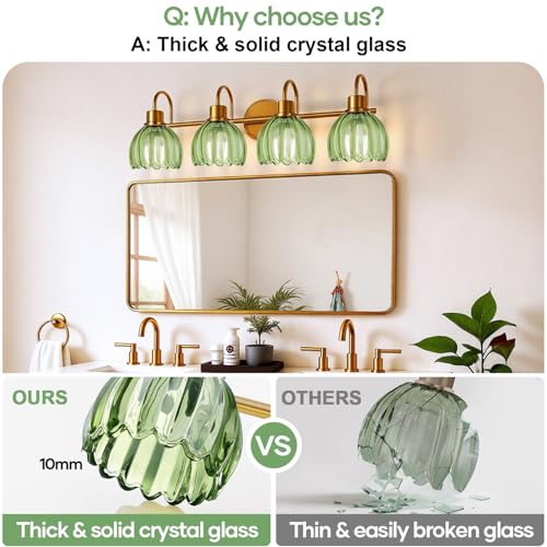 Image of 4-Light Bathroom Light Fixtures, 27 inch Brushed Gold Vanity Lights for Bathroom with Ribbed Green Tulip Glass Shade, Vintage Bathroom Vanity Lighting Fixtures Over Mirror for Bedroom Living Room Hallway