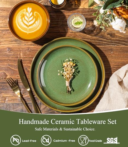Image of LERATIO Ceramic Dinnerware Sets for 4, 12 Pieces Ceramic Plates and Bowls Sets, Scratch Resistant Dish Set, Oven, Microwave & Dishwasher Safe-Sage Meadow Green