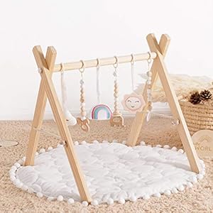 Wooden Baby Gym with 3 Wooden Baby Toys Foldable Baby Play Gym Frame Activity Gym Hanging Bar Newborn Gift Baby Girl and…