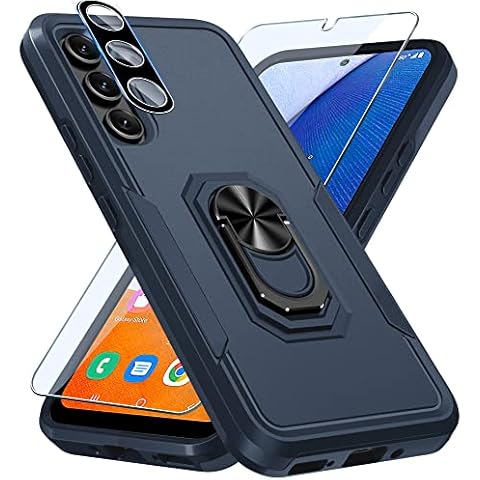 Janmitta Compatible with Galaxy A54 5G Case,with 1 Pack Screen Protector+1 Pack Camera Lens Protector,Shockproof Full Body Phone Cover,Built in Finger Ring Holder Kickstand,2023 Navy Blue Cover