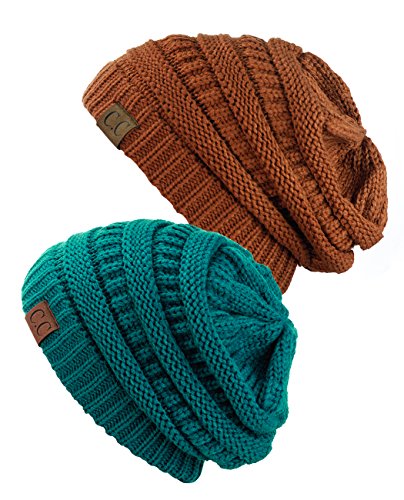 Unisex Trendy Warm Chunky Soft Stretch Cable Knit Slouchy Beanie Skully (Gift Set- Teal & Rust)