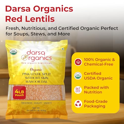 Image of Darsa Organics Red Lentils Masoor Dal - 4 lb USDA Certified Organic, Non-GMO, Gluten-Free, Whole & Split Pink Lentils, Chemical-Free, Rich in Protein and Fiber, Easy to Cook