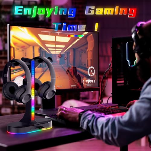 Image of ALACOO RGB Headphone Stand - Dual Gaming Headset Holder with 3 USB Charging Station and 3.5mm Audio Port,8 Light Modes, Suitable for Gaming, Wireless Earphone Display, Gamer Gifts for Men (Black)