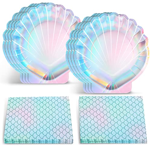 Gersoniel 40 Pcs Iridescent Mermaid Party Supplies Set 20 Clam Shell Plates and 20 Scales Napkins Mermaid Party Decorations Disposable Paper Plates and Napkins Seashell for Birthday (Shell)
