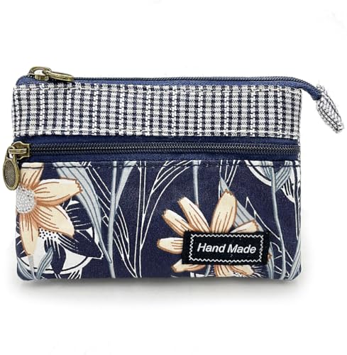 Image of Women Small Zipper Coin Purse, Handmade Fabric Flower Embroidered Change Pouch, Cotton Double Zipper Wallet