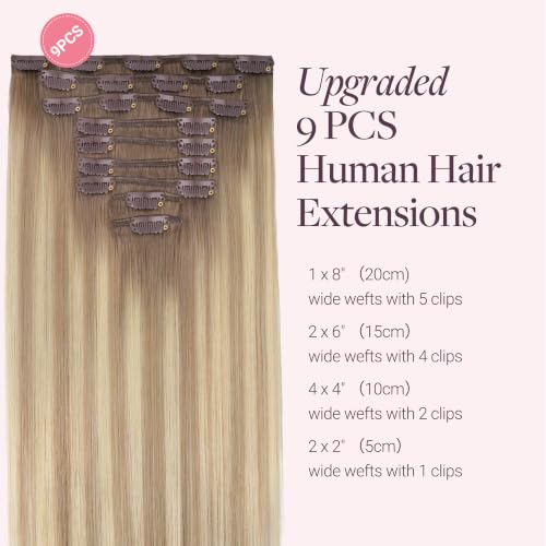 Image of GOO GOO Clip in Hair Extensions Real Human Hair, Clip Ins for Women Instant Volume Natural Blend Beginner Friendly Daily Wear, 24inch 150g 9Pcs, #R5E /9A /60H Espresso Root Ash Blonde Balayage