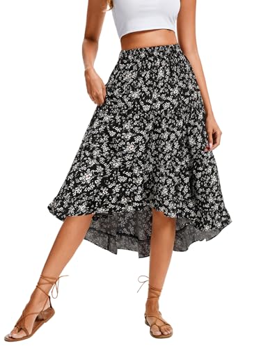 Timormode Women's 2025 Spring Summer Boho Midi Skirt Floral Elastic High Waist Casual Flowy Long Skirts High Low Hem TMS8007 BlackSmallFlower M