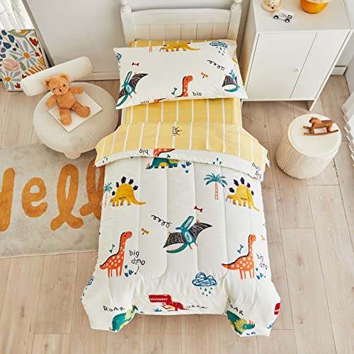 Joyreap 4 Piece Dinosaur Toddler Bedding Set, 100% Cotton, Colorful Dino Print on Cream White, Includes Quilted Comforter, Fitted Sheet, Top Sheet, Pillow Case