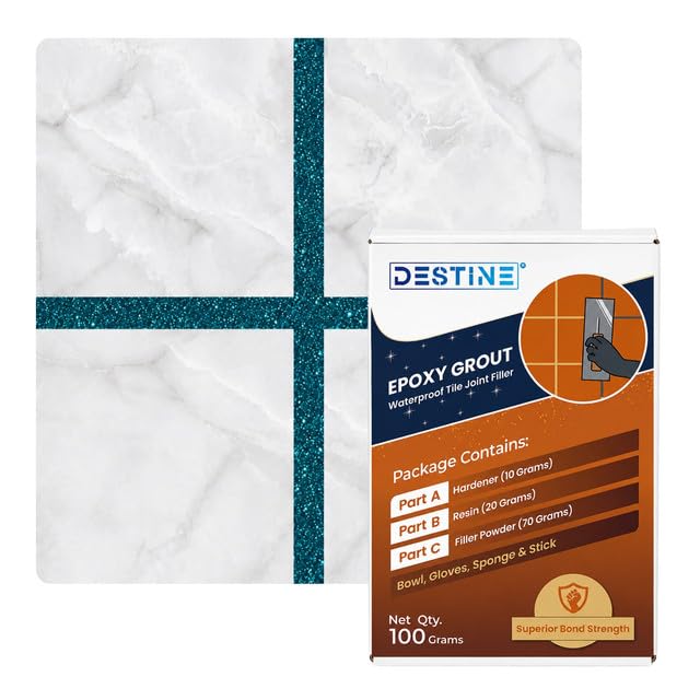 Image of DESTINE Epoxy Grout for Tiles (110 Colours)(100 g), Waterproof Joint Filler, Crack Filler, Tiles Gap Filler, Stain Free, Acid & Chemical Resistance Epoxy Grout (Emerald Green [Silver Glitter])