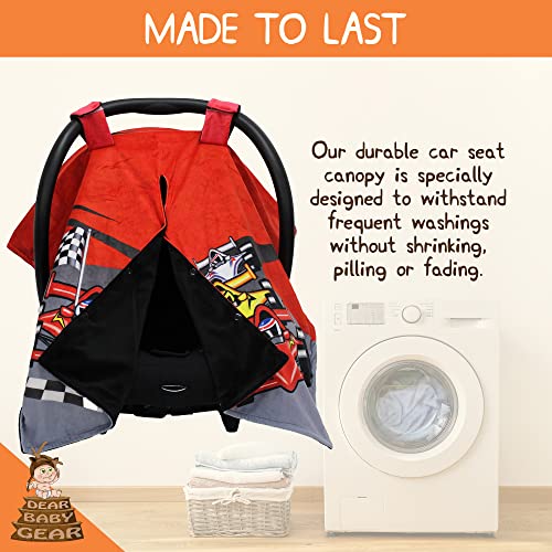 Image of Dear Baby Gear Car Seat Cover for Boys & Girls - Baby Carseat Canopy w /Snap Opening - Infant Seat Cover - Stroller & Nursing Covers - Newborn Carrier Canopy - 40x30 inch (Race Car Print - Smooth Black)