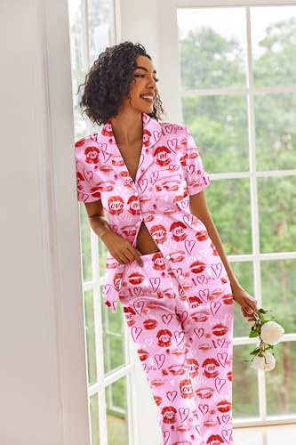 Image of Ekouaer 2 Piece Satin Short Sleeve Pajamas Set Button Down Sleepwear | Soft Pjs Set Classic Loungewear for Wedding, Party, Home, Daily Wear, Date Nights