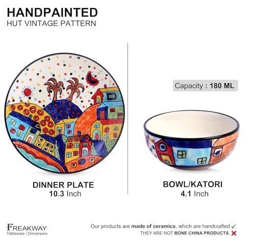 Image of Freakway Hut Family Hand-Painted Glossy Dinner Set Ceramic Stoneware Dinner Set of 12 Pieces | 6 Dinner Plate 10.3 Inch & 6 Serving Bowls 180 Ml | Dishwasher & Microwave Safe - Multicolor, Solid