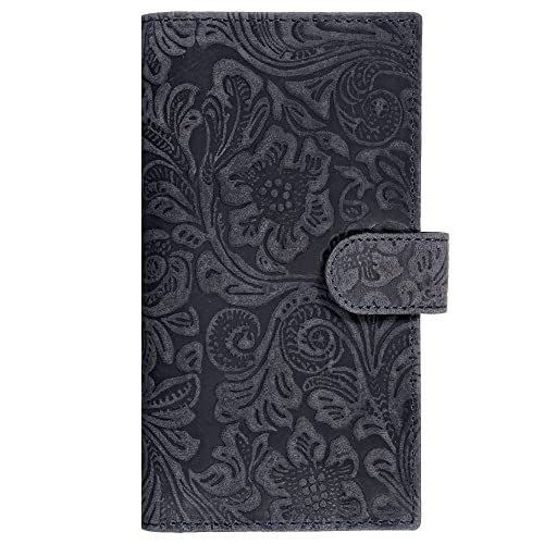 Image of Oak Leathers Checkbook Cover Slim Minimalist For Men with RFID Blocking Credit Card Holder Wallet (Vintage Flower Blue)