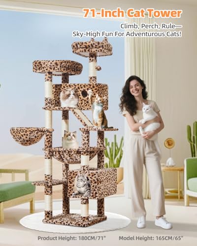 Image of Taoqimiao Cat Tree 71-Inch, Cat Tower for Indoor Cats Large Adult, Multi-Level Large Cat Condo, 8 Sisal Scratching Posts, Metal Frame Cozy Hammock, Scratch Board, 2 Top Perches, Leopard Print MS026LBW