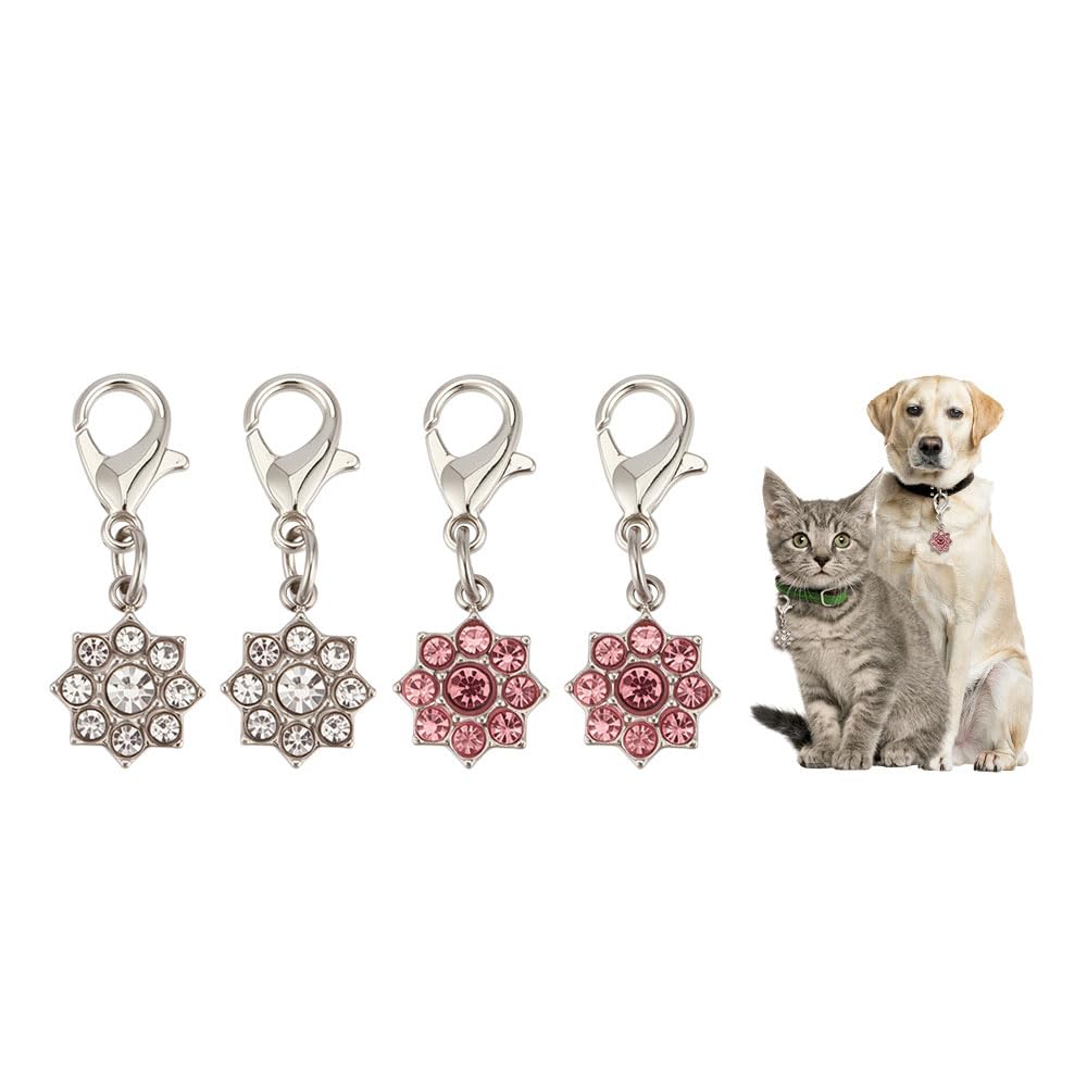 DELORIGIN 4pcs Flower Rhinestone Collar Pendants for Cat Dog 304 Stainless Steel Pet Collar Pendants Clip-on Charms Pet Puppy Necklace Collar for Bag Keychain Pet Jewelry Making Training Home Decor