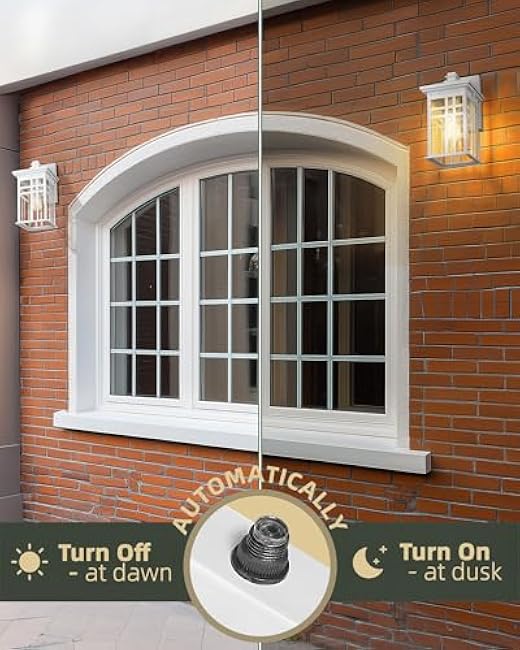 Dusk to Dawn Sensor Outdoor Wall Sconce - HWH Exterior Wall Lantern Light Fixture for Porch, Garage, Doorway, Garden, Glossy White Finish, 5HD27B-PC WH