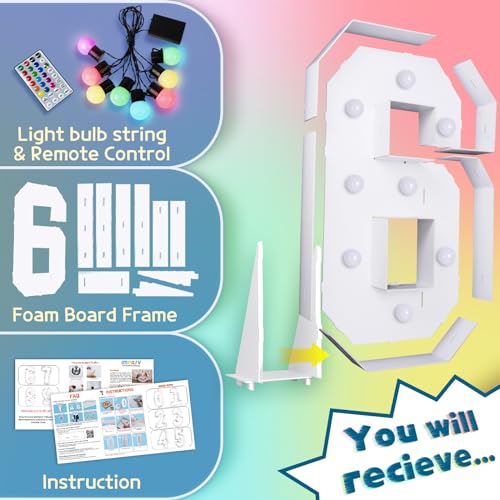 Image of Imprsv Colorful 3FT Marquee Numbers 6, 18 Colors Large Light up Numbers | RGB with Remote, Birthday Party Decorations Anniversary Wedding Decorations Assembly Required 21 Pcs Accessory Set