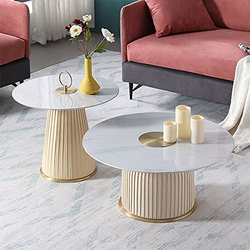 2 Stück Couchtisch-Kombination, modern, einfach, Wohnzimmer, Schlafzimmer, Wohnung, hoch und niedrig, rund, gesinterter Stein, Couchtisch, Beige – Bild 3