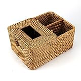Creative Handmade Square Rattan Tissue Box, Decorative Paper Tissue Holder with 2 Compartments and...