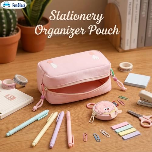 Image of FunBlast Pencil Pouch for Girls - Cartoon Pouch with Hanging Strap & Coin Pouch, Multipurpose Zipper Case, Aesthetic Pouches for Girl, Kawaii Pencil Case, Cute Pouches for Girls (Pink)