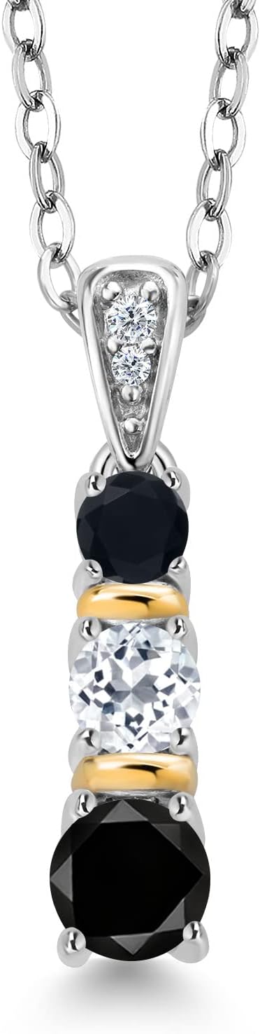 Gem Stone King 925 Silver and 10K Yellow Gold Round Black Diamond White Topaz and Black Onyx Pendant Necklace For Women (0.59 Cttw, Gemstone April Birthstone, with 18 Inch Chain)