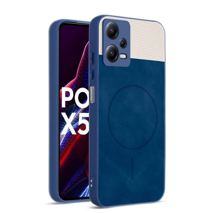 Image of Bintage CASE Dual-Leather Mac Safe Design Phone Case| Soft Touch Finish | Full Camera Protectection Back Cover Compatible for Poco X5 Pro 5G - White & Royal Blue