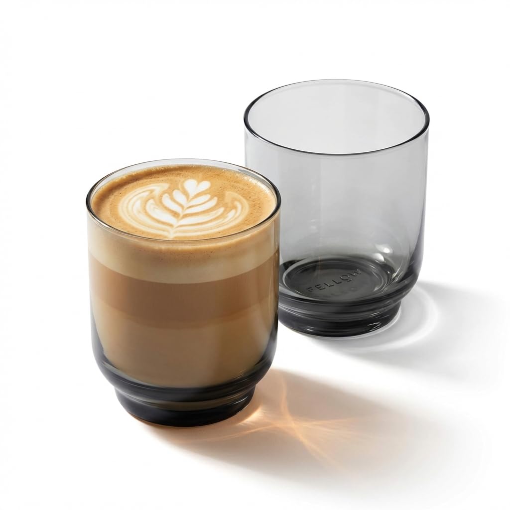 Fellow Latte Kaffeegläser, 325 ml, Handgefertigt, Latte Art, 2er-Set | Gewölbte Innenseite für Latte Art, Espresso Gläser, Cappuccino Gläser, Kalk-Natron-Glas, Spülmaschinenfest, Rauch Grau