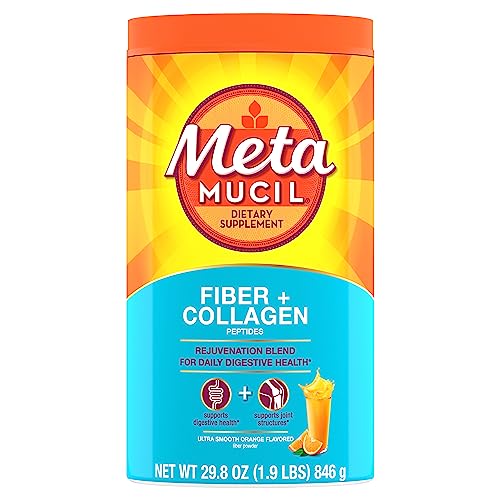 Metamucil Daily Fiber + Collagen, Psyllium Husk Powder, Plant Based, Sugar-Free with Stevia, 3-in-1 Fiber for Digestive Health, Orange Flavored, 90 Doses (29.8 OZ Fiber Powder)