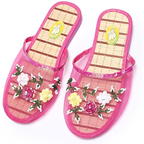 Generic Chinese Floral Slippers, Women's Mesh Slippers, Red, Size 6