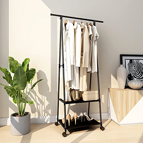 Clothes Rack Clothing Drying Rack, Rolling Garment Rack For Hanging Clothes, Small Industrial Metal Pipe Stand Coat Racks On Wheels With 2 Tier Shelves For Bedroom, Laundry, Entryway And Living Room #TOP5