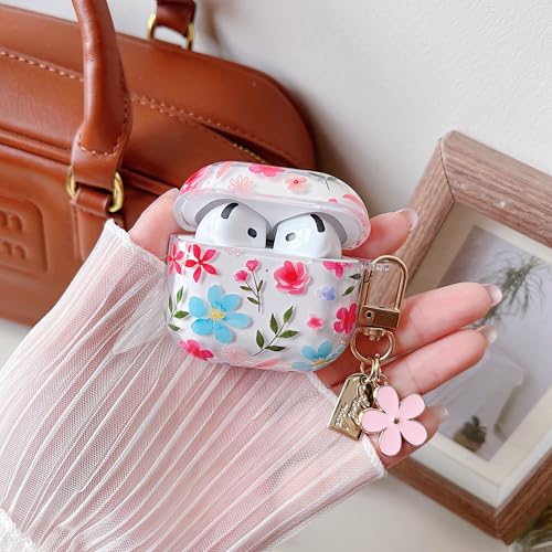 Image of MINSCOSE for AirPods 4 Clear Case,Cute Floral Leaves Pattern Design with Girly Flower Keychain,Soft Silicone Protective Shockproof Cover with Cleaner Kit for Girls Women for Airpod 4-Blue