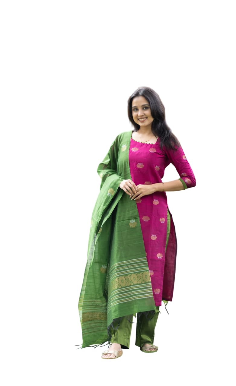 Women's Kanchi Cotton Jaquard Work Kurta and Dupatta Set with V Neck 3/4 Sleeves Straight Calf Length Kurti and Jaquard Work Border Dupatta-picture-22