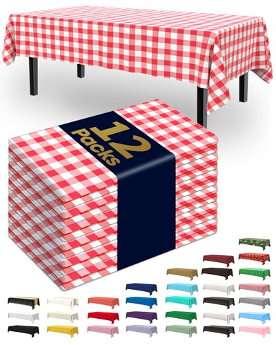 Pureegg Plastic Table Cloth Disposable 12 Pack, 54 x 108 Inch Table Cloths, Party, Picnic, Decorative Gingham Tablecloths, Rectangle, Red and White Checkered Cover, Leakproof & Sturdy, Red Plaid