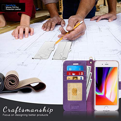 Fyy Case For Iphone 8 Plus/7 Plus, [Kickstand Feature] Luxury Genuine Leather Wallet Phone Case Flip Folio Protective Cover With [Card Holder][Wrist Strap] For Iphone 7 Plus/8 Plus (5.5") Purple #TOP1