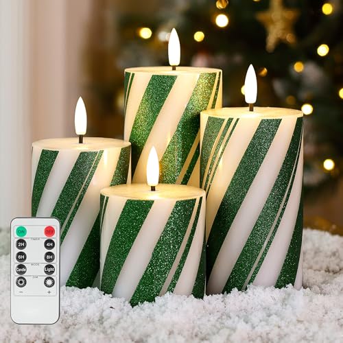 JOIONE Green Striped Flameless Pillar Candles with Remote Set of