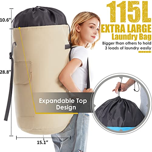Heavy Duty Laundry Bag 115L, Sturdy Laundry Backpack Bag Extra Large, Dorm Room Essential For Guys, Khaki Laundry Bag Backpack For Camp, Xl Laundromat Bag, Laundry Duffel Bag For College #TOP2