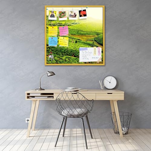 Image of ArtzFolio Tea Plantations, Munnar, Kerala | Bulletin Board Notice Pin Board | Vision Soft Board Combo with Thumb Push Pins & Sticky Notes | Golden Frame | 28 x 28 inch (71 x 71 cms)