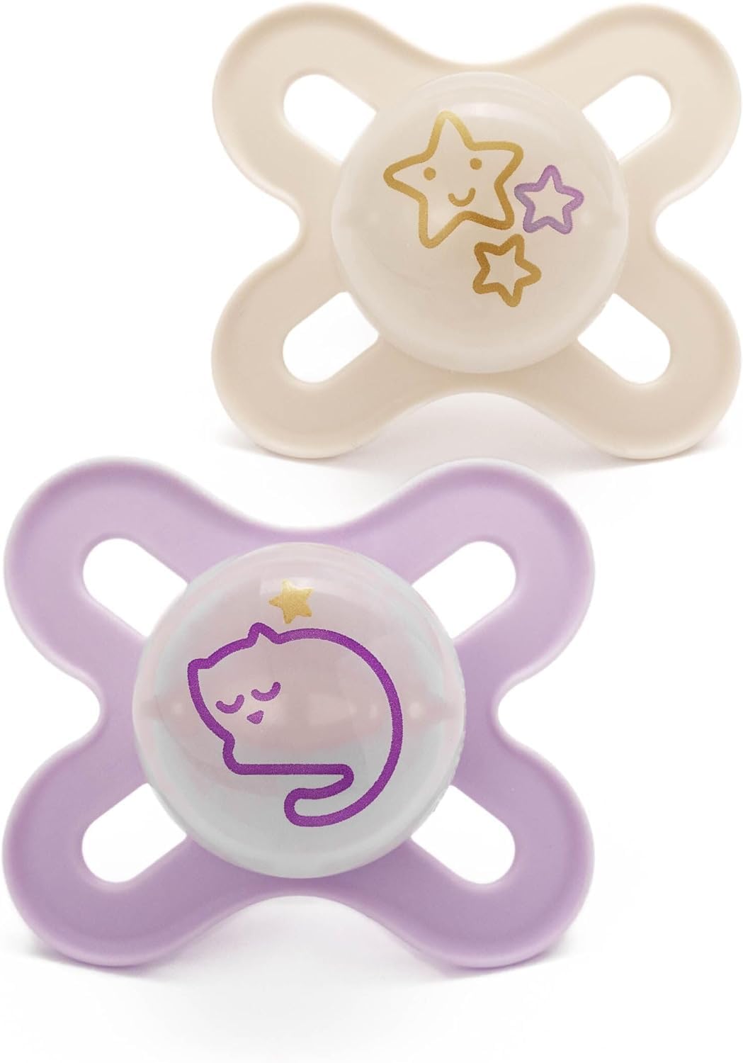 MAM Original Start Night Soothers | 0-2 Months | 2 Pack | Newborn Dummies | Glow in The Dark | Comes in Dummy Steriliser Box | Sustainable Materials | Pink (Designs May Vary)