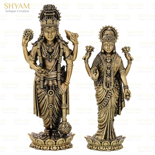 Image of Set of Brass Lakshmi Vishnu Ji Standing Murti Vishnu Laxmi Idol Lakshmi Narayan Statue for Home Temple Diwali Pooja Gifting Purpose