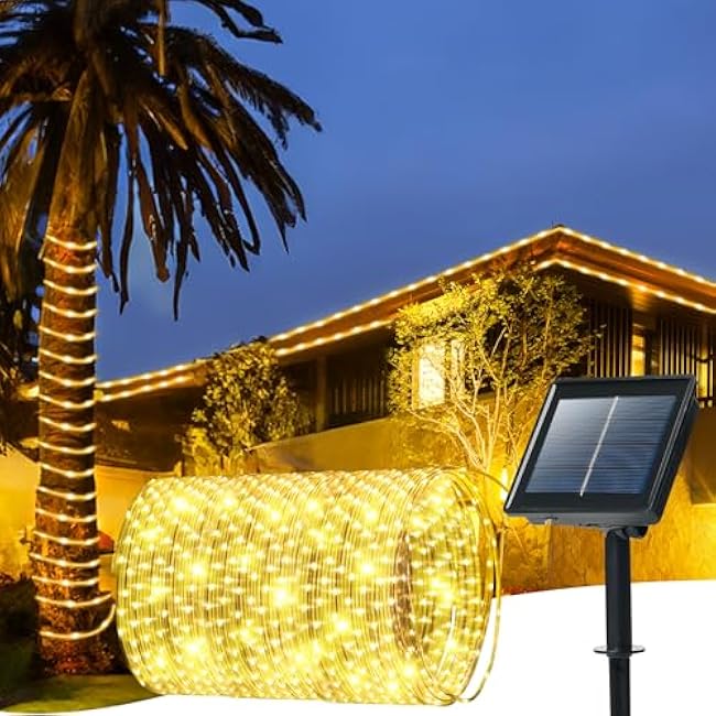 Solar Rope Lights, 66ft 200LED Solar Powered Outdoor String Lights, Waterproof 8 Modes Flexible Clear Tube Fairy Lights for Outside, Garden, Steps, Pool, Backyard, Tree, Deck Decor