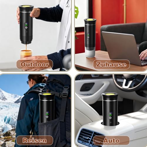 Tragbare Espressomaschine 3-in-1, Mini Kaffeemaschine mit Akku & Selbstheizung, Portable Espresso Machine USB Wiederaufladbar, Kompatibel mit Kapseln Gemahlenem Kaffee, fürAuto, Camping, Reisen & Büro 3