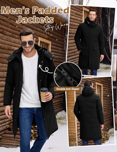 Image of Men's Winter Long Puffer Jackets, Water-Repellent Down Parka Warm Coats Outerwear with Detachable Hood & Carry Straps