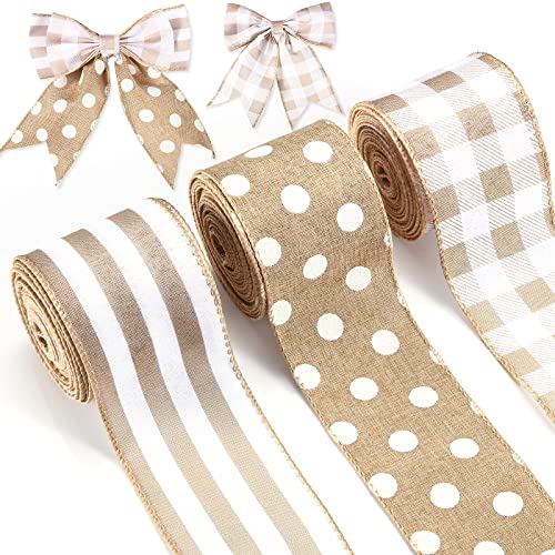 Image of 3 Rolls Burlap Wired Edge Ribbons in Classic Styles: Vintage Buffalo Plaid, Striped, Dot Pattern, Black & Yellow, 2.5 Inch x 15 Yards (Linen Color) for DIY Crafts, Party, Home Decoration