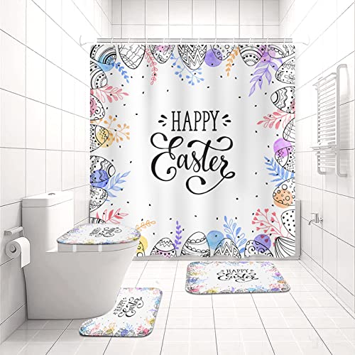 4 Pcs Easter Shower Curtain Set Easter Egg With Colorful Leaves White Shower Curtain With Non-Slip Rugs,Toilet Lid Cover And Bath Mat,Bathroom Sets Decorations 72" X 72" #TOP6