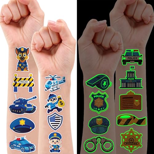 Image of 96 PCS Police Pre-Cut Luminous Glow in the dark Temporary Tattoos for Kids | Super Cute Theme Birthday Party Favors Supplies Decorations, Police Car Policeman Fake Tattoos Gifts for Boys Girls