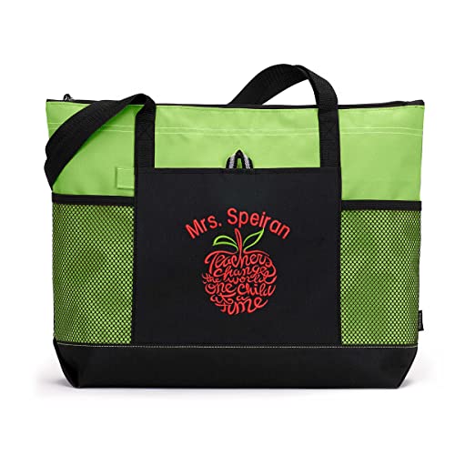 Custom Teacher Tote - Teachers Change The World Apple - Personalized Teacher Tote Bag With Mesh Pockets #1546 #TOP3
