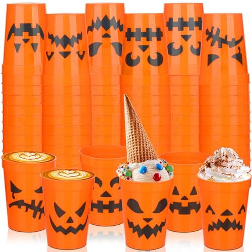Sliner 60 Pieces Halloween Jack O Lantern Cups 12 oz Plastic Scary Printed Pumpkin Design Cup Reusable Orange Cute Halloween Party Supplies for Liquor Juice Hot Cold Drinks Coffee Kitchen Adult Kids
