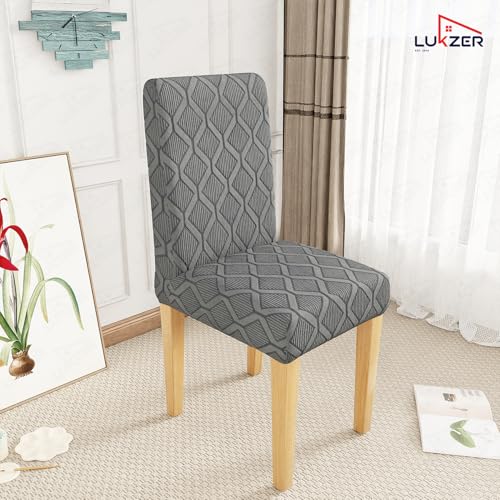 Image of Lukzer Elastic Dining Chair Cover - 4PC Pastel Dark Grey Diamond | Textured High Stretch Jacquard Seat Cover | Removable Washable Short Dining Chair Cover Protector Seat Slipcover | (CC-157-04)